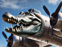 AI image of a crocodile's face merged with a military bomber.
